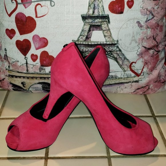 STUART WEITZMAN $398 HOT PINK MAGENTA SUEDE HIDDEN PLATFORM PUMPS 8.5 - Picture 10 of 14